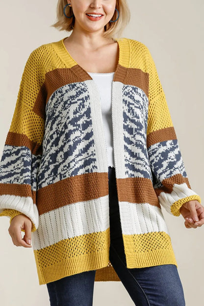 Umgee Full Size Color Block Open Front Longline Cardigan Plus Size - Fashorio