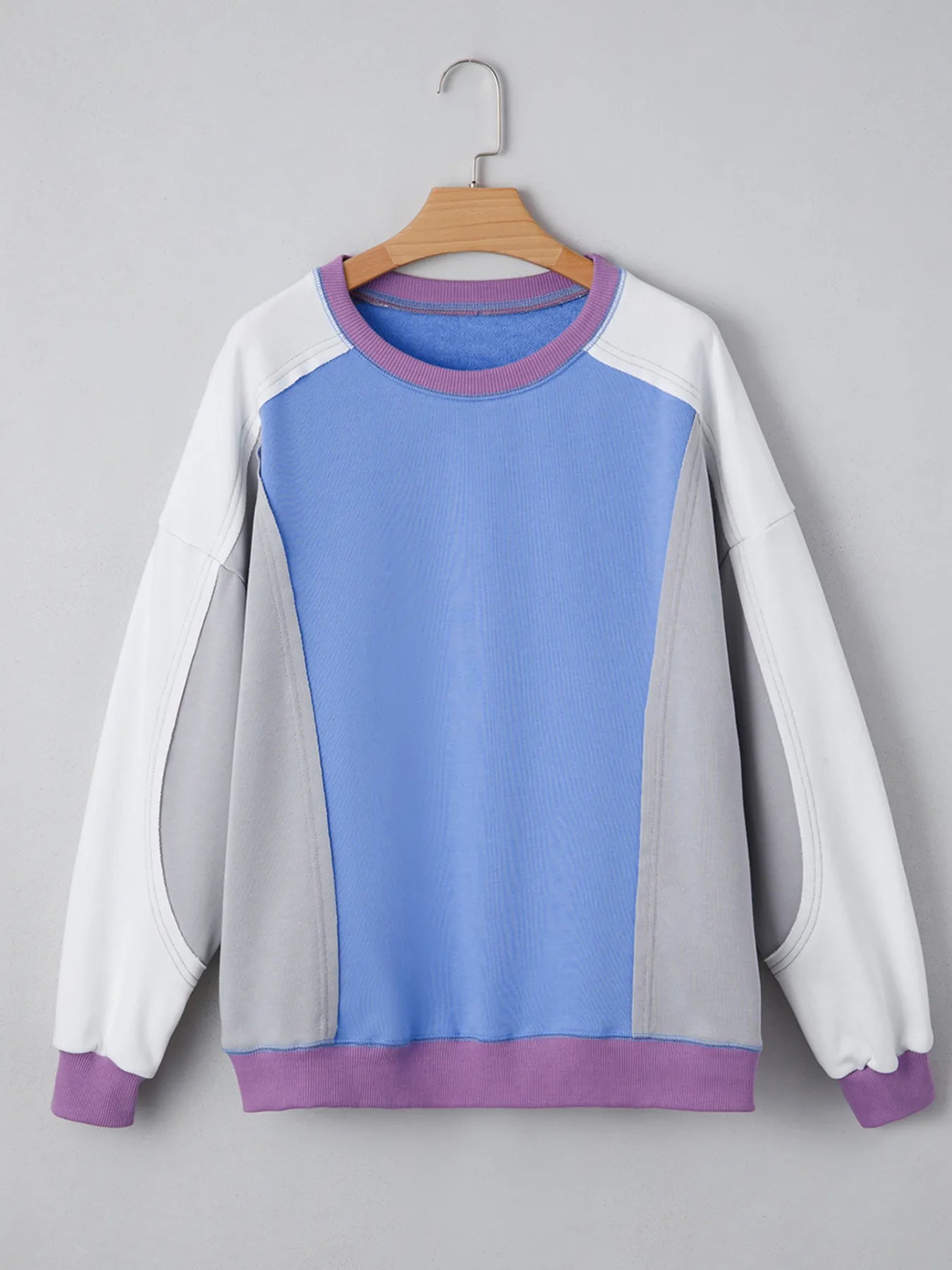 Exposed Seam Colorblock Patchwork Ribbed Trim Sweatshirt - Fashorio