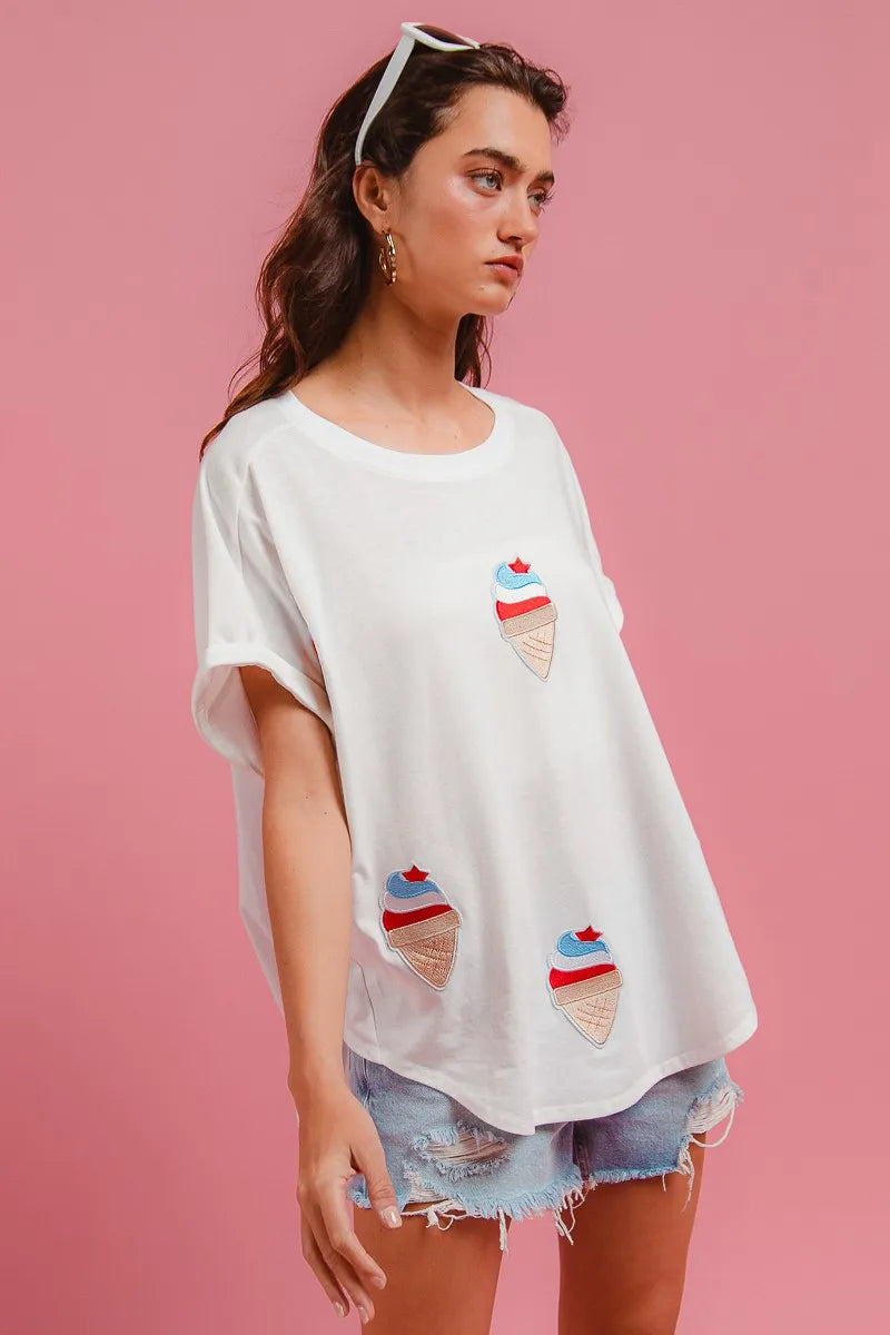 BiBi Solid Terry With Fourth Of July Theme Patched Top - Fashorio