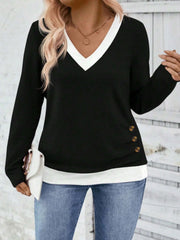 Plus Size V-Neck Contrast Trim T-Shirt Black - Fashorio