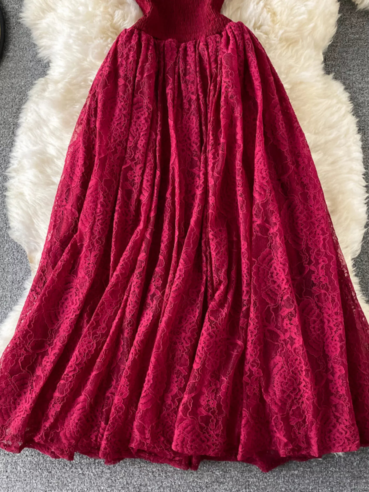 Ruffled mock neck lace maxi dress, fabric detail