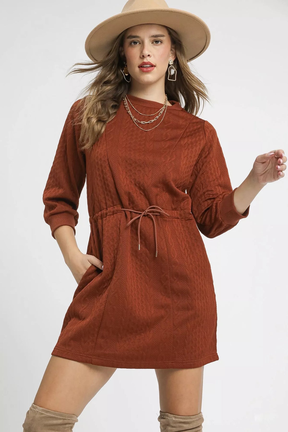 Cable Knit Drawstring Mini Dress with Pockets in Rust