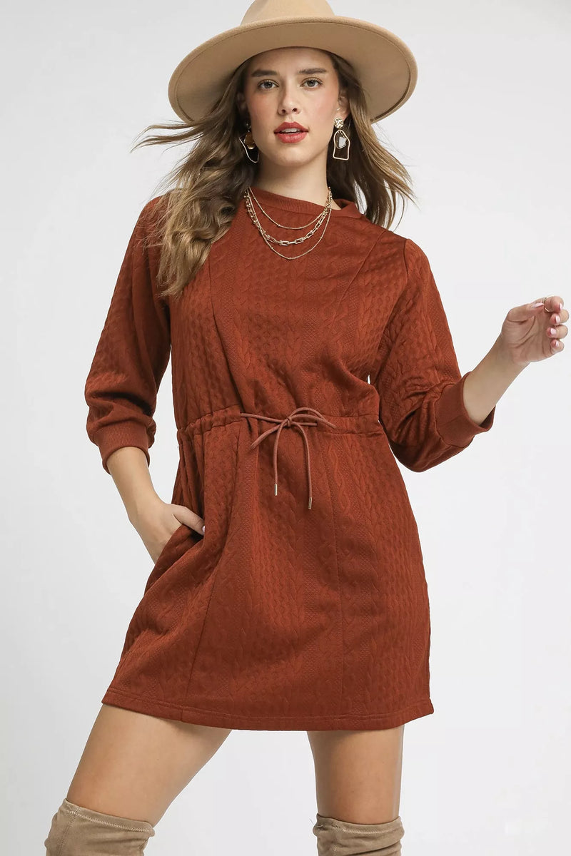 Cable Knit Drawstring Mini Dress with Pockets in Rust