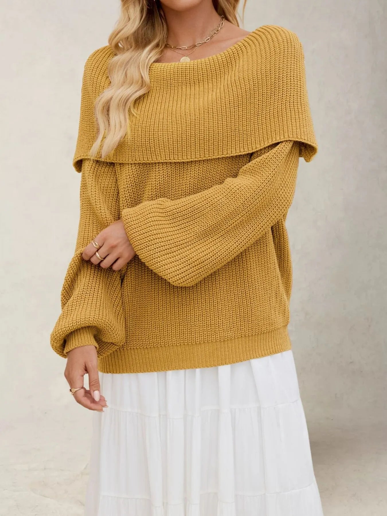 Fold-Over Collar Long Sleeve Sweater Dark Yellow - Fashorio