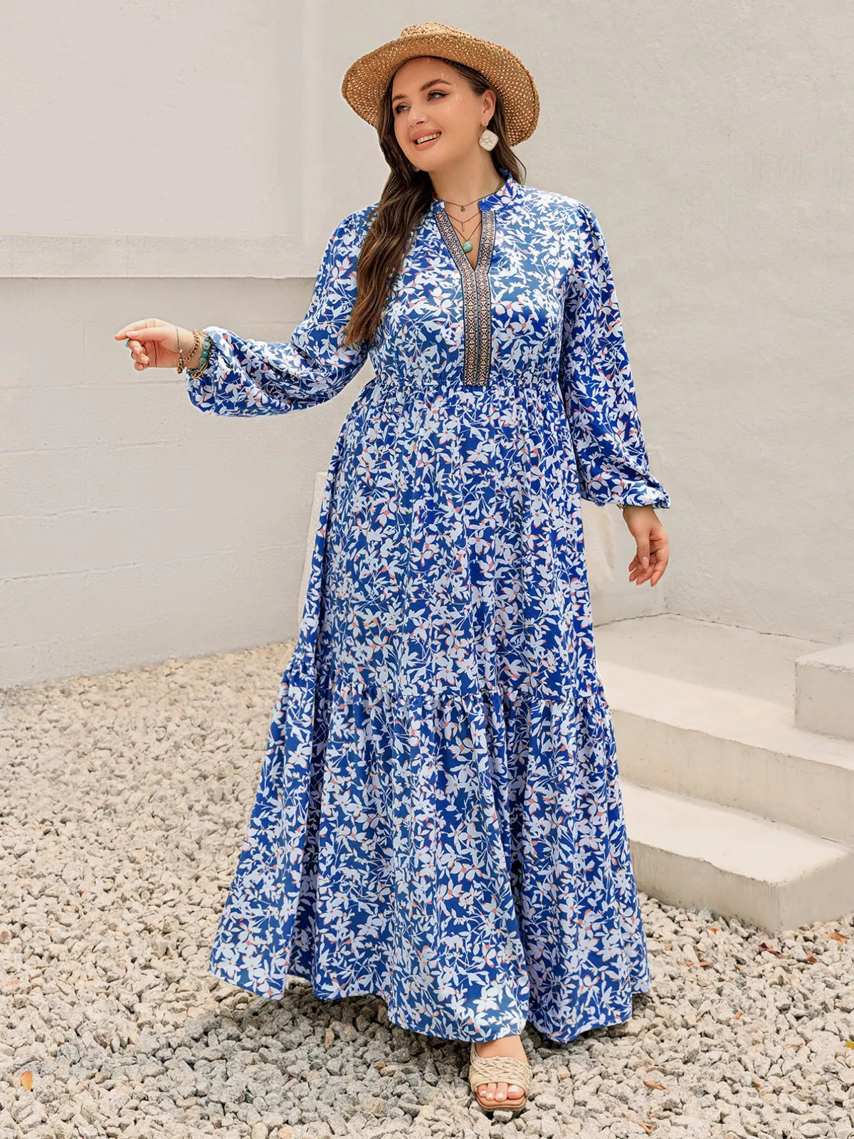 blue floral bohemian plus size ruched maxi dress styled outfit view