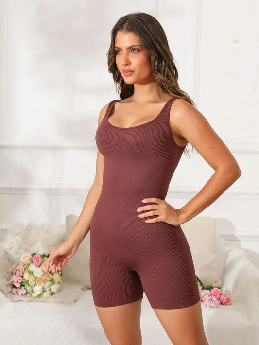Scoop Neck Wide Strap Active Romper Dark Brown - Fashorio
