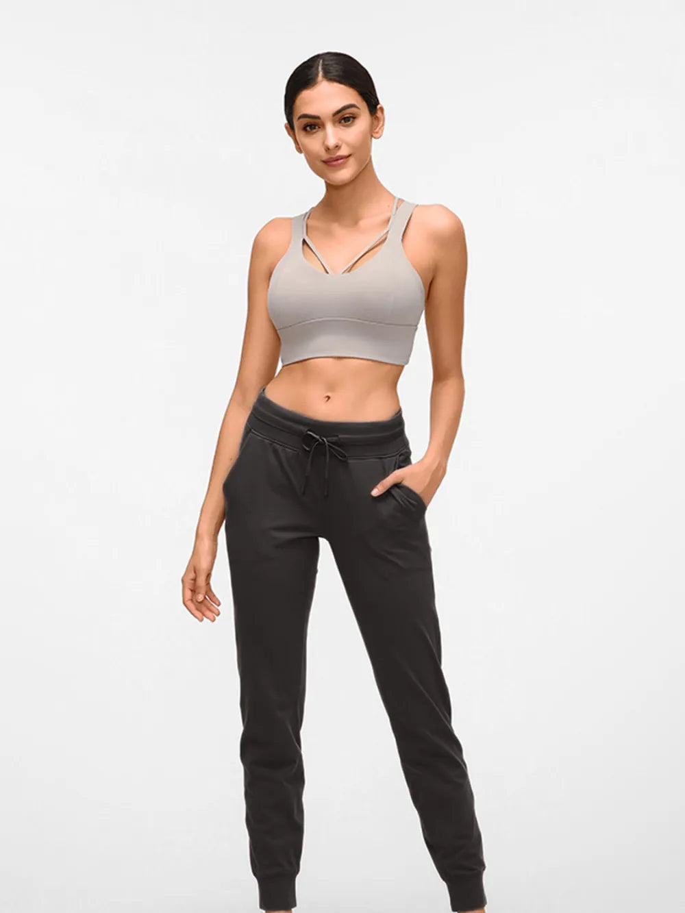 Tied joggers with pockets, side view