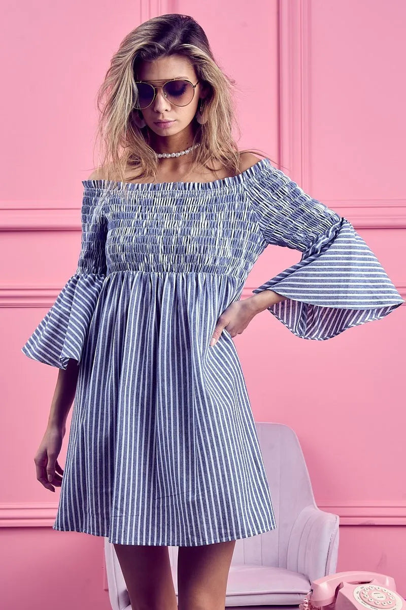 Smocked Off Shoulder Striped Dress view 12