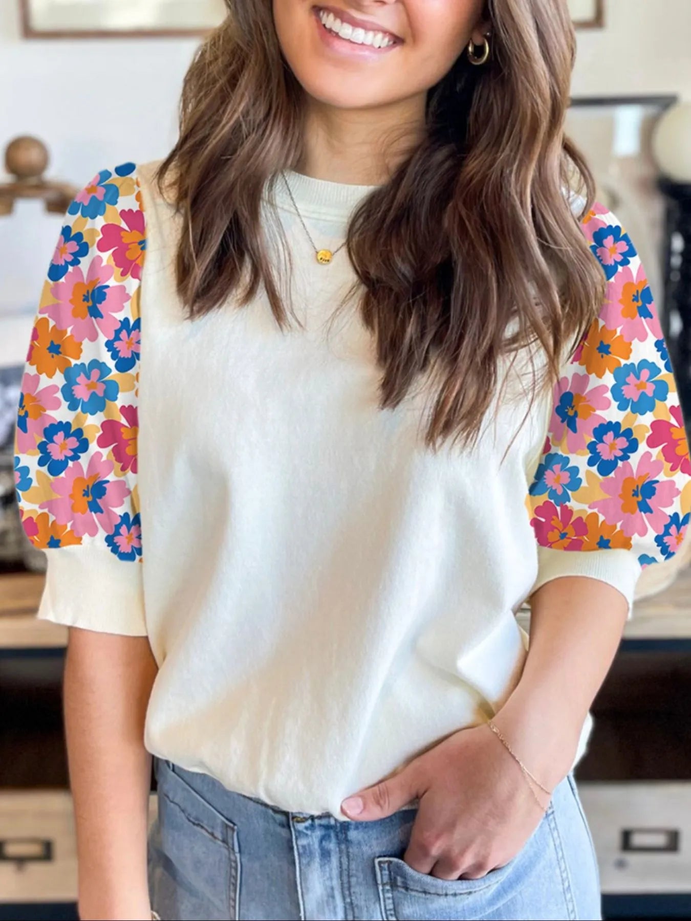 Floral Puff Sleeve Round Neck T-Shirt - Fashorio