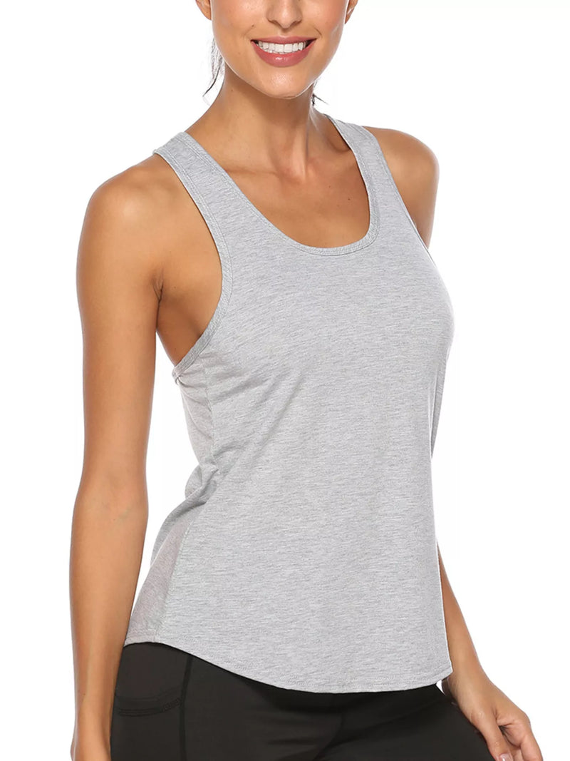 Lightweight crisscross active tank top in gray front view