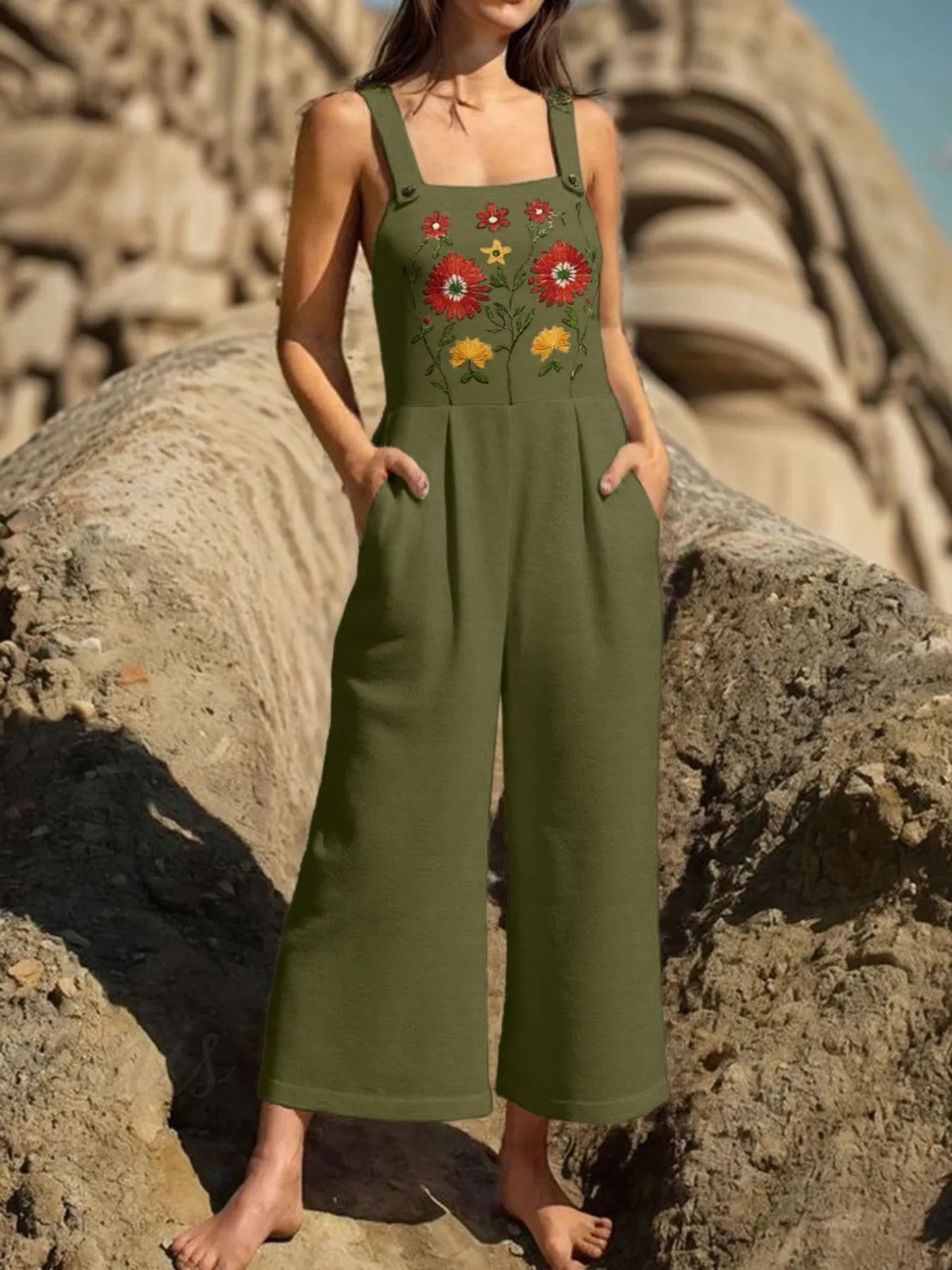 Floral Embroidered Wide Leg Jumpsuit - Fashorio