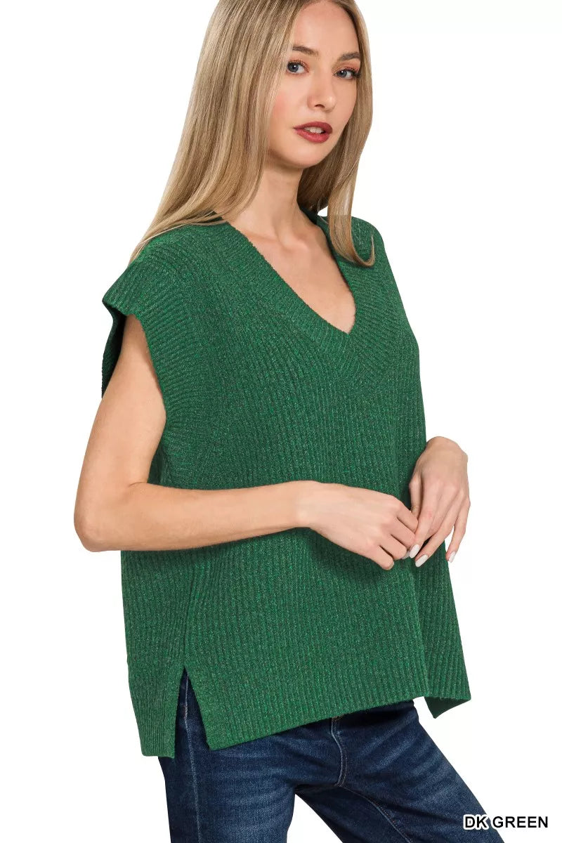 Ribbed Side Slit V Neck Sweater Vest in Dark Green