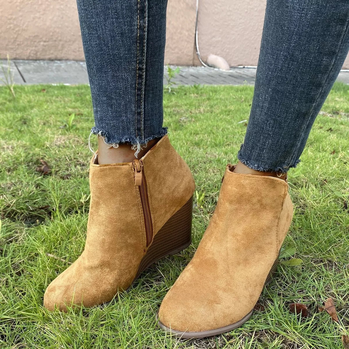 Round toe wedge ankle boots styled on model