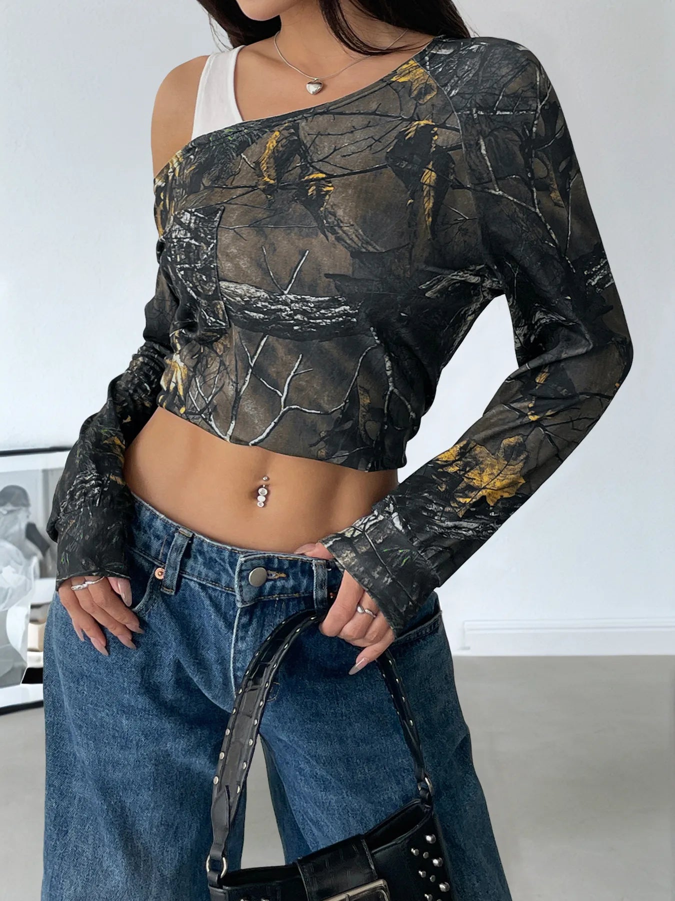 Asymmetrical Neck Printed Long Sleeve Top - Fashorio