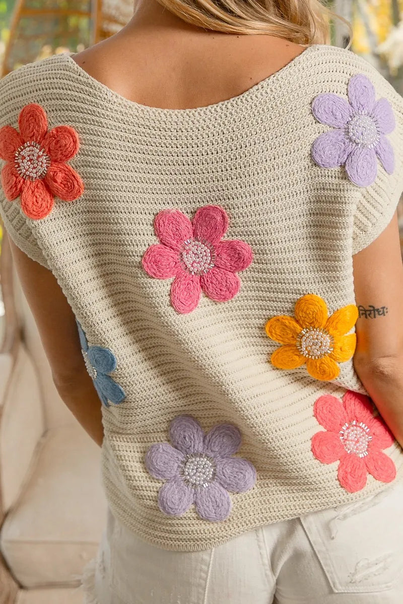 BiBi Multi Jeweled Crochet Flower Patch Sweater Vest - Fashorio