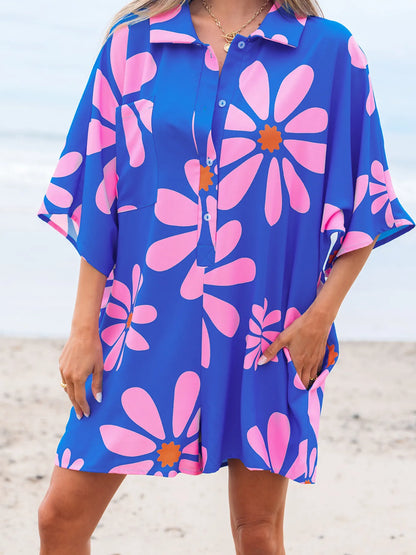 Summer Flower Print Shirt Collar Button Front Loose Romper - Fashorio
