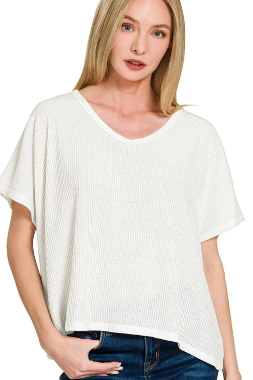 Zenana Ribbed V-Neck Short-Sleeve Knit Top OFF WHITE - Fashorio