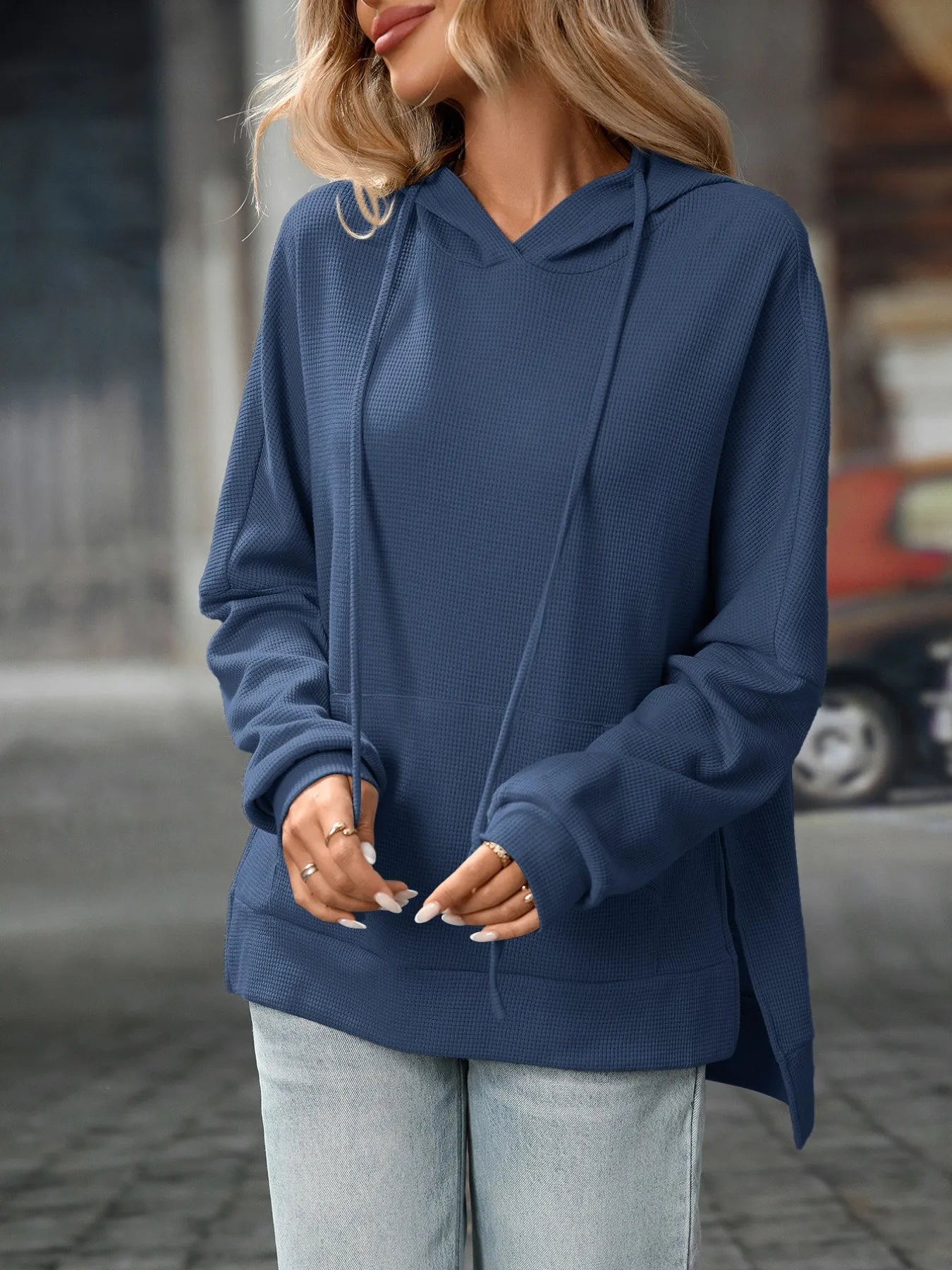 Textured Drawstring Long Sleeve Hoodie - Fashorio