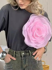 Flower Round Neck Short Sleeve T-Shirt Grey - Fashorio