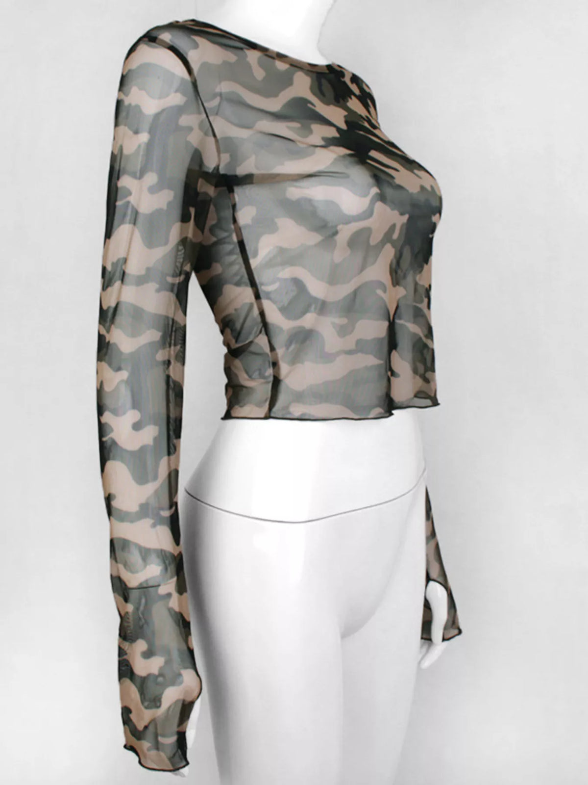 Camo mesh top styled with high rise denim