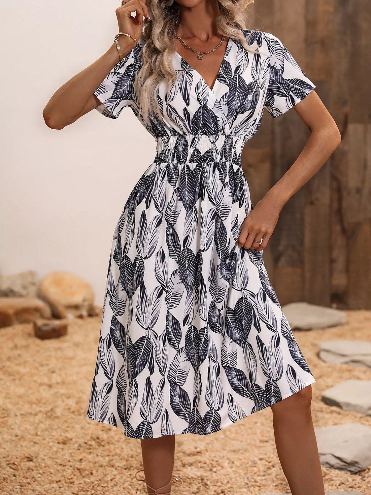 Printed short sleeve smocked midi dress fabric detail