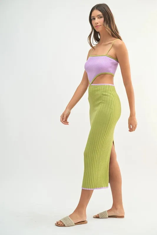 MABLE Ribbed Knit Color Block Cutout Midi Dress - Fashorio