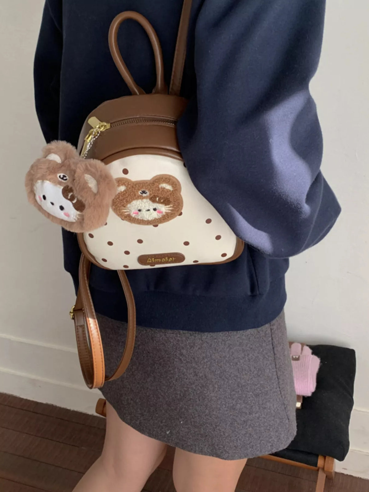Brown cartoon bear mini backpack top zip detail