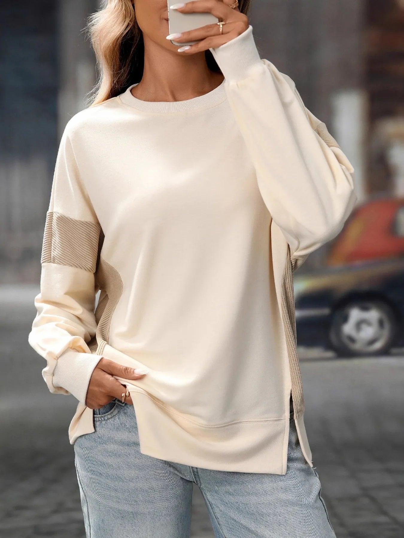 Slit Round Neck Long Sleeve Sweatshirt - Fashorio