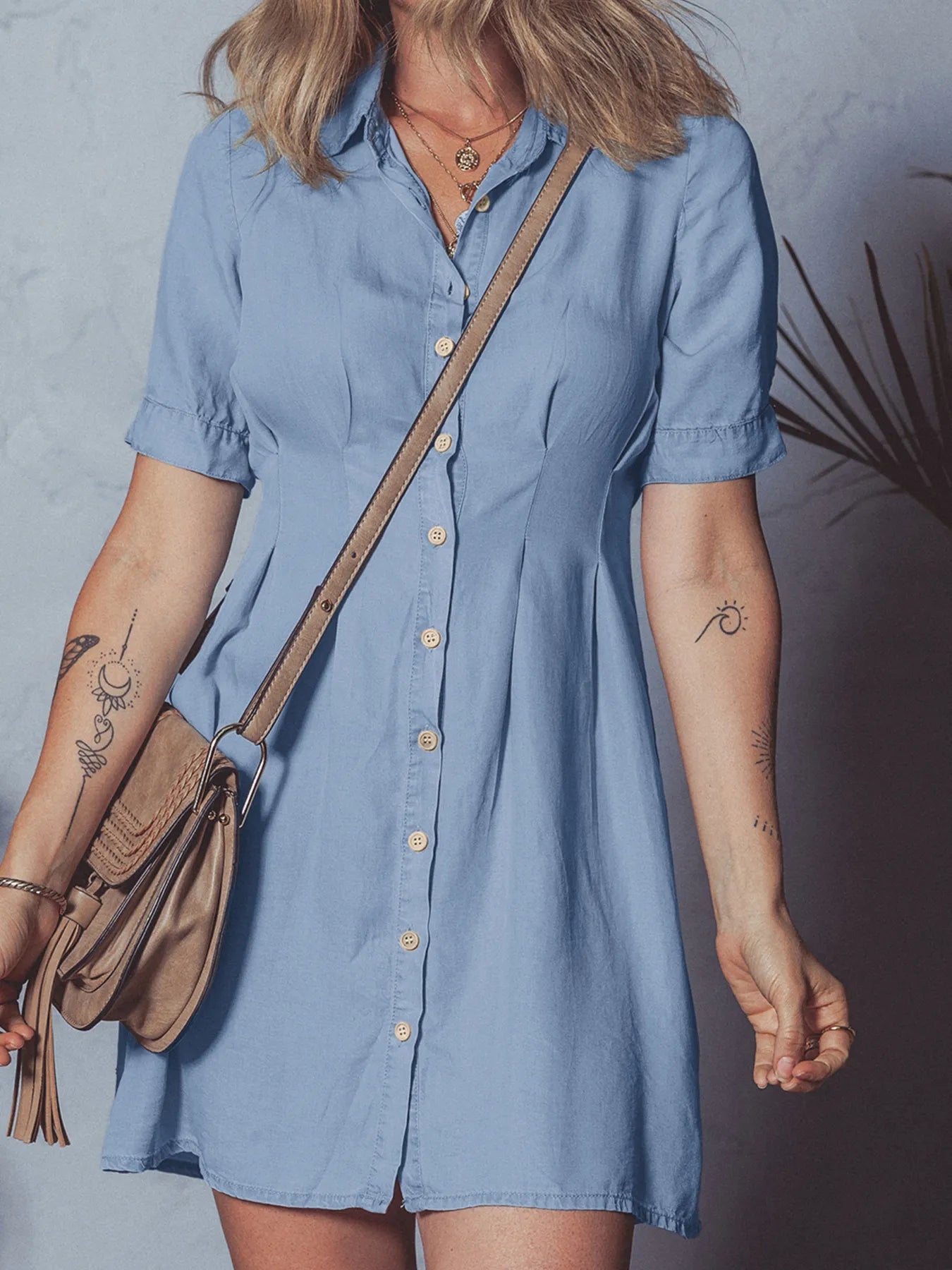 Denim Pleated Slim Waist Short Sleeve Shirt Dress - Fashorio