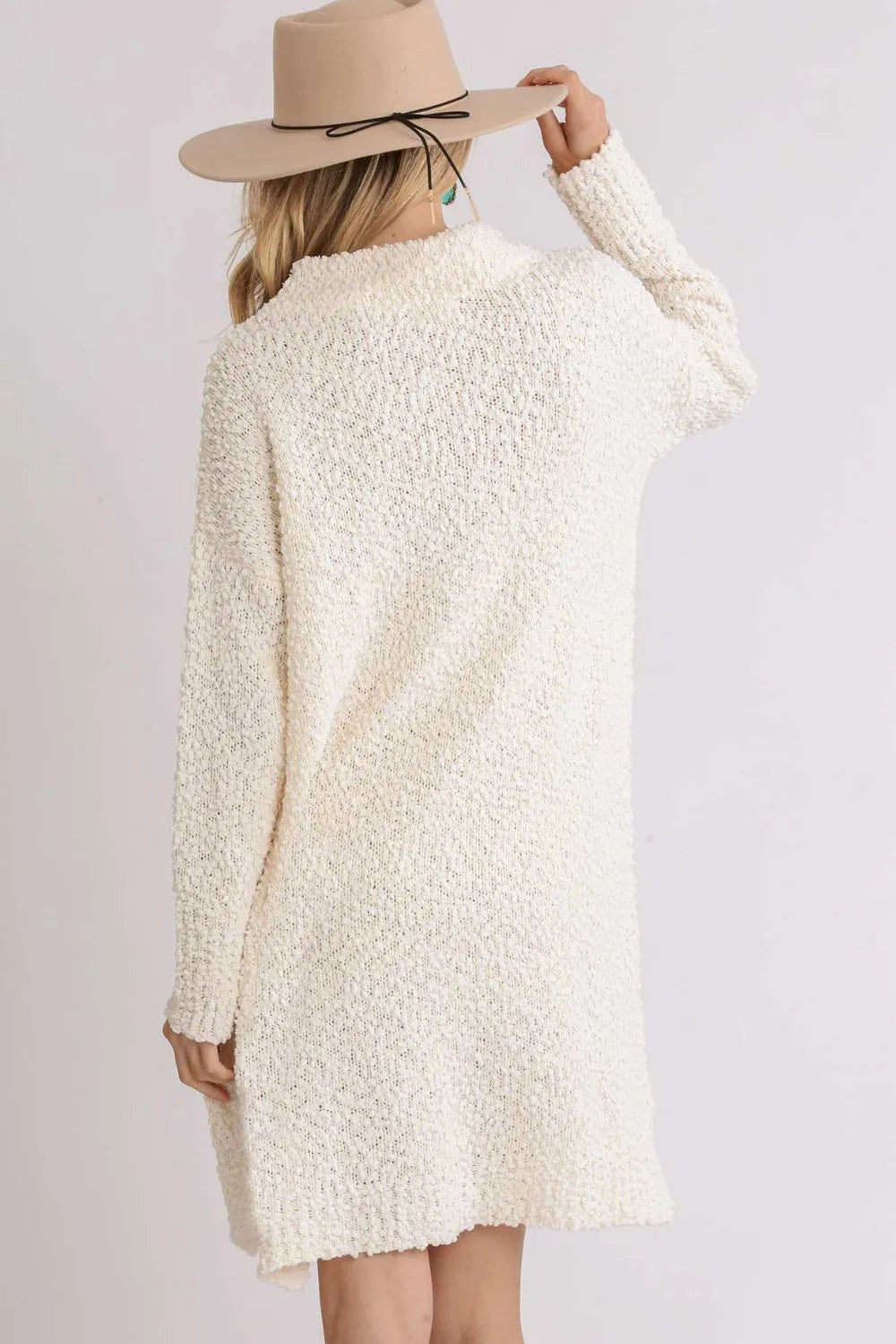 High Low Boucle Long Sleeve Sweater Dress Plus Size in Cream back view
