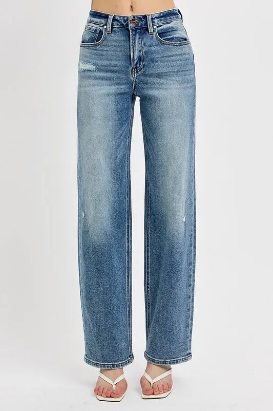 RISEN Full Size Distressed Wide Leg Jeans Plus Size Medium - Fashorio