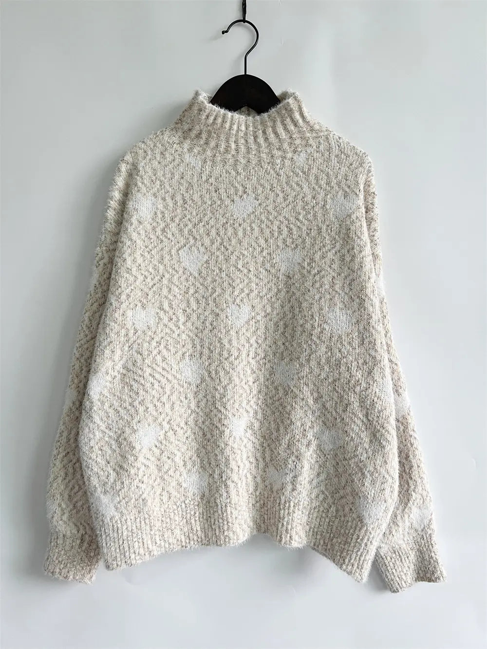 Heart Heathered Turtleneck Drop Shoulder Sweater - Fashorio