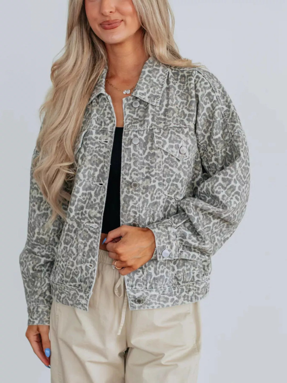 Leopard Print Button Up Denim Jacket in Gray
