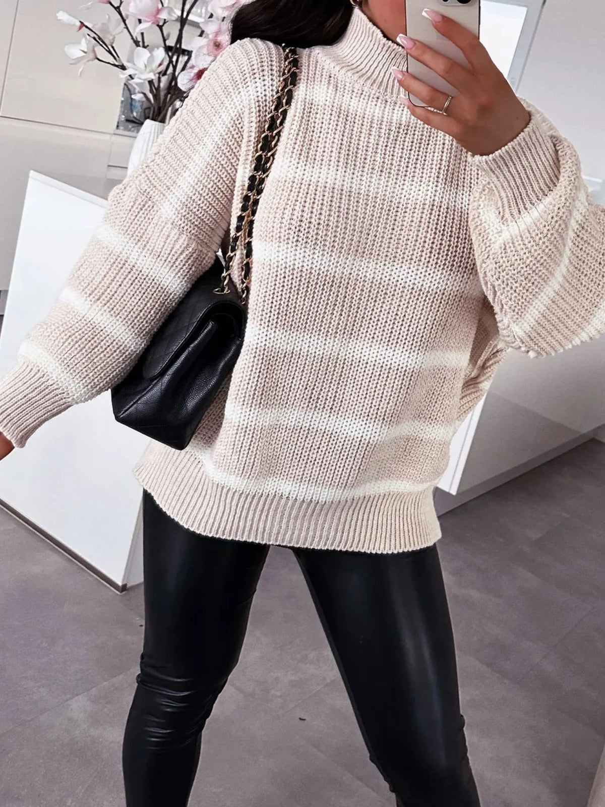 Striped turtleneck outfit view