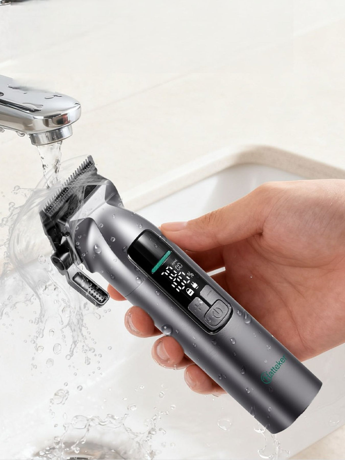 Waterproof cordless hair clipper angled view
