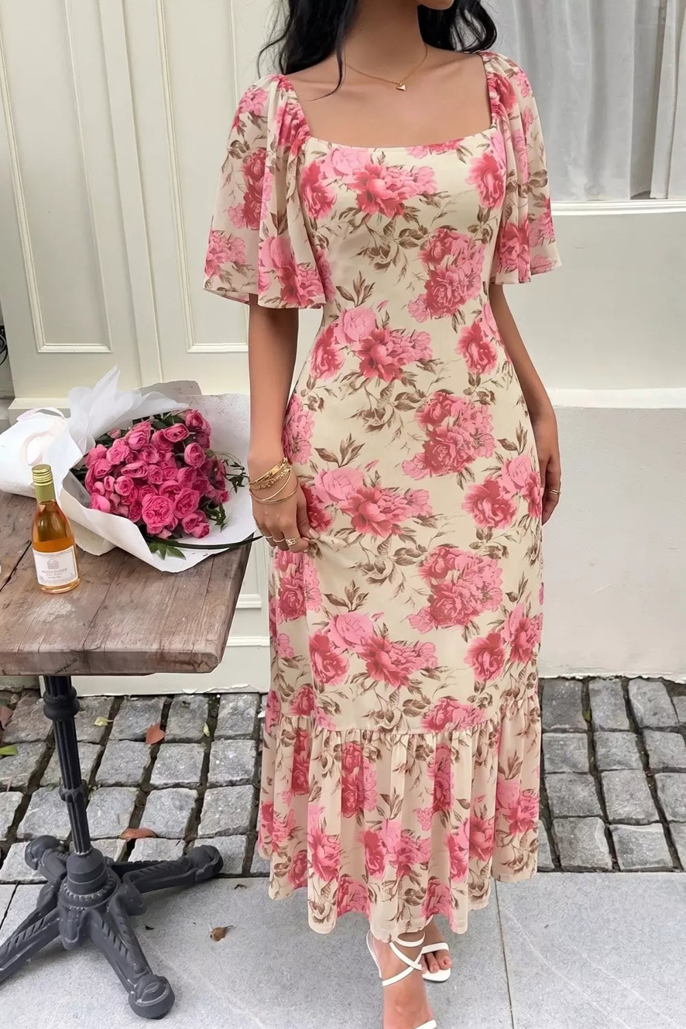 Floral print flutter sleeve ruffle hem midi dress front view