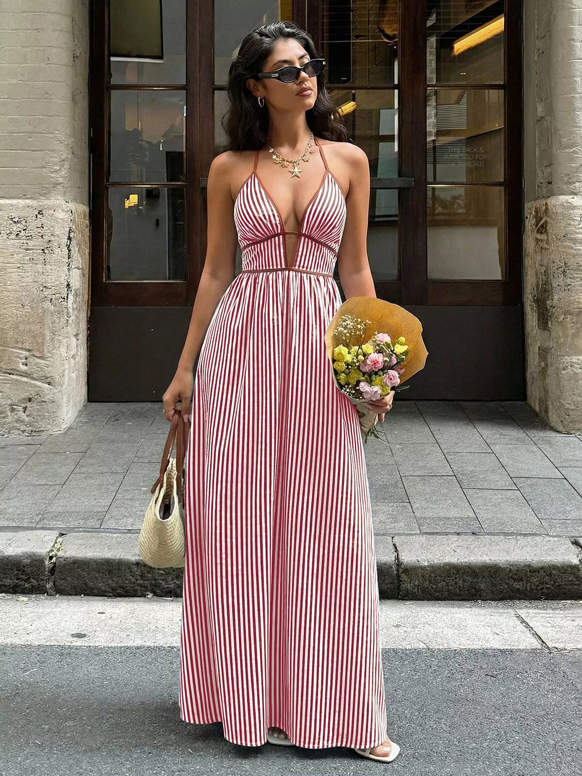 striped halter neck maxi dress close up view