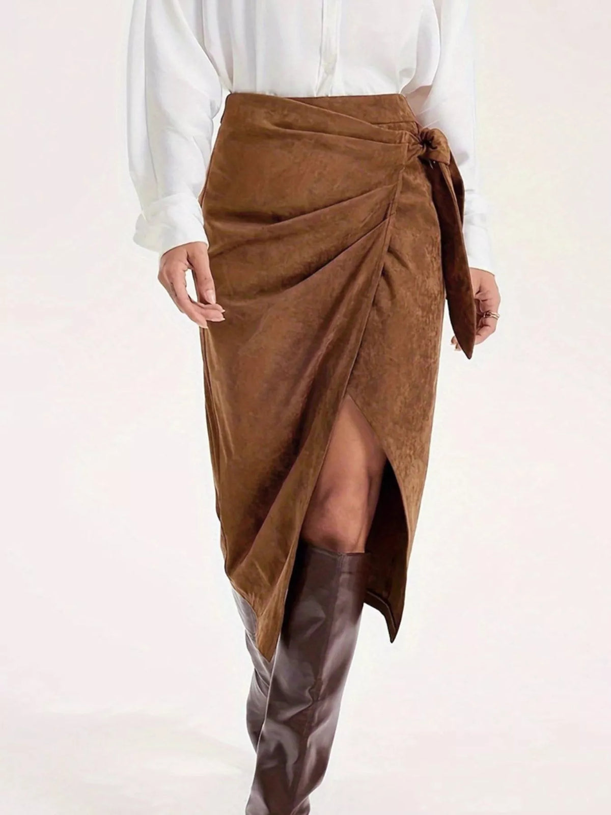 brown wrap midi skirt detail