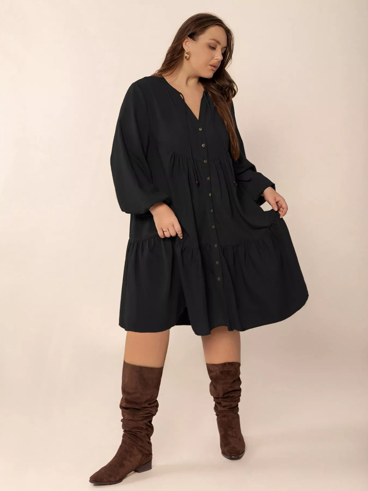 Black button front dress styled outfit