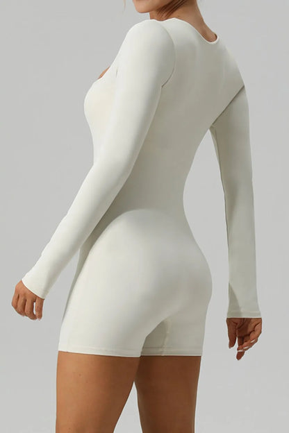 Square Neck Long Sleeve Active Romper - Fashorio