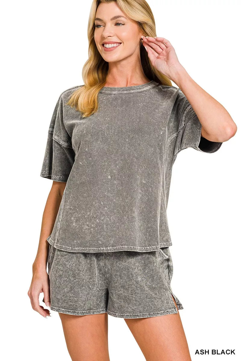 Snow washed short sleeve tee and shorts set in ash black front view