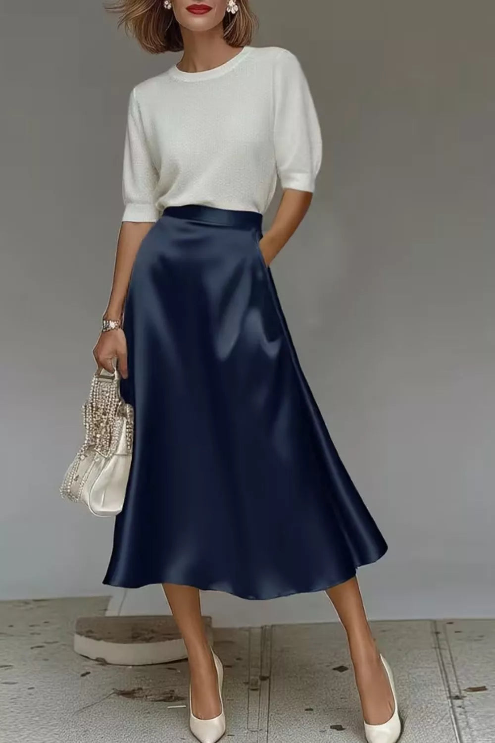 Satin A line midi skirt full length view