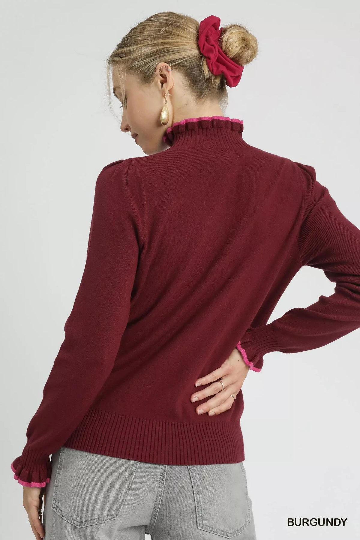 Ribbed Round Neck Sweater with Ruffle Trim in Burgundy side view