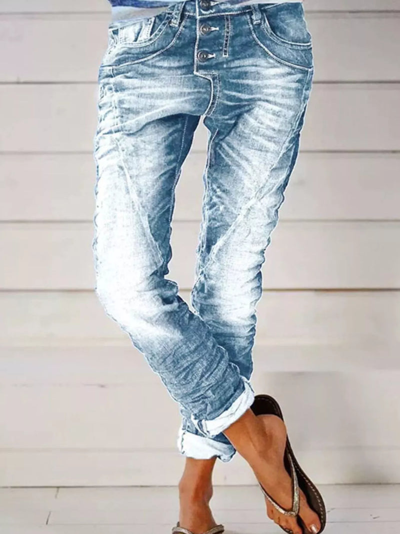 Washed button fly jeans front view