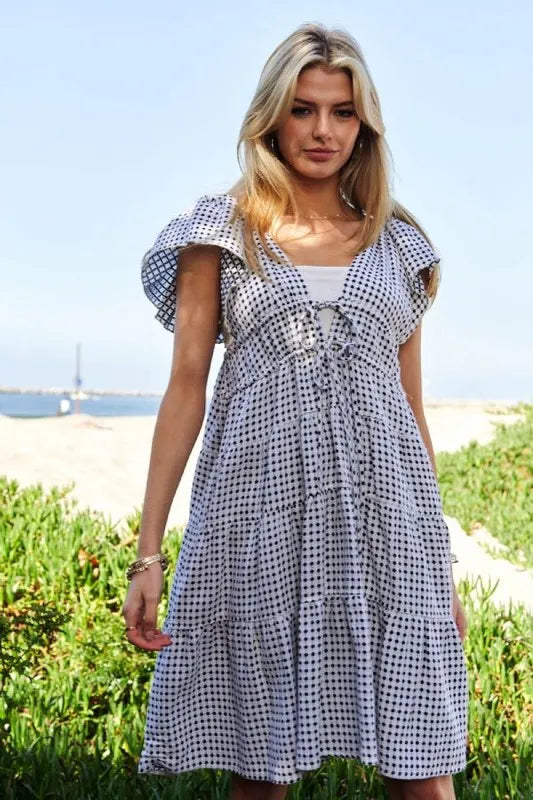 Jacquard V Neck Flutter Sleeve Tiered Dress in Black and Ivory