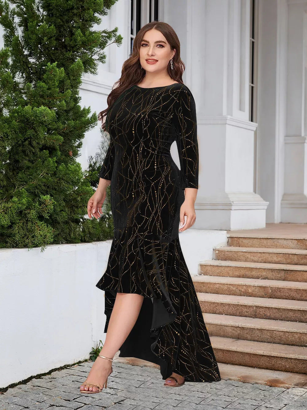 Ruffle hem high low dress neckline detail