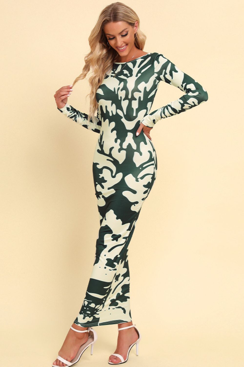 camo print backless long sleeve maxi dress in green camo back view