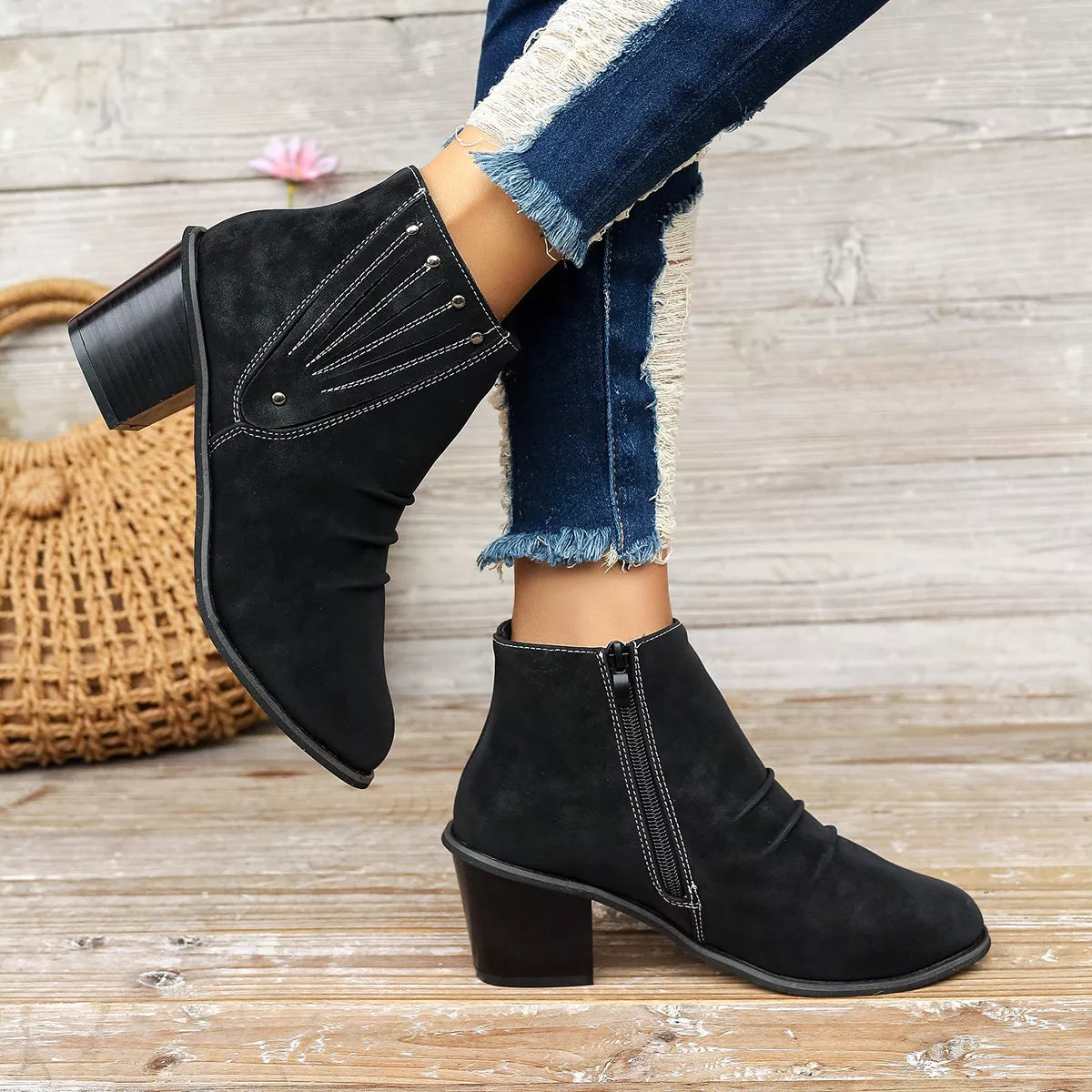 Suede point toe block heel boots front view