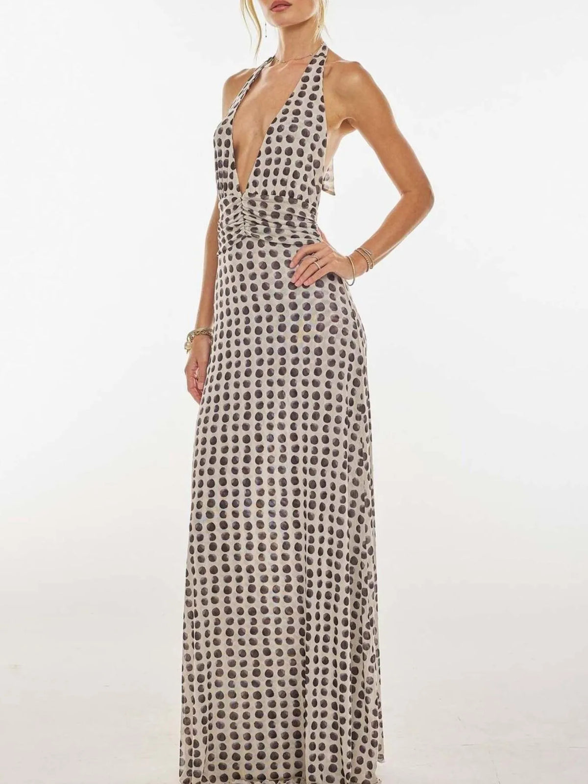 floral halter deep v maxi dress three quarter view
