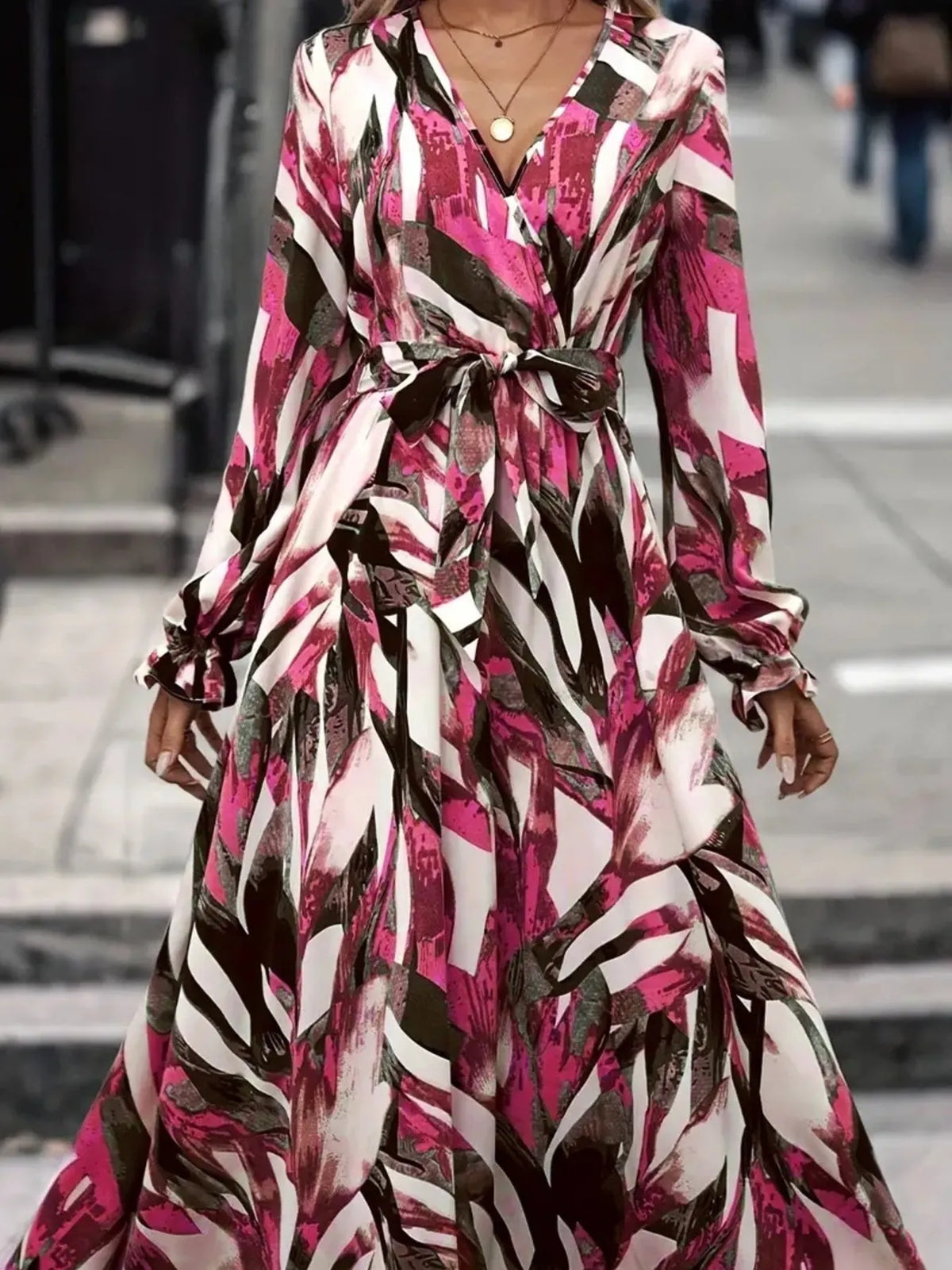 Printed surplice maxi dress styled for day